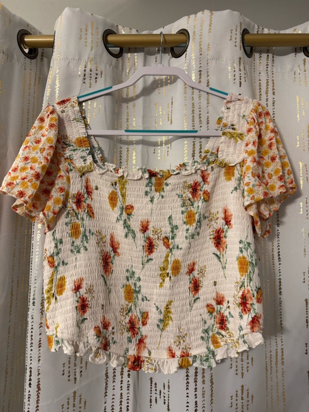 Floral Smocked Square-Neck Crop Top in Cream with Orange & Yellow Flowers